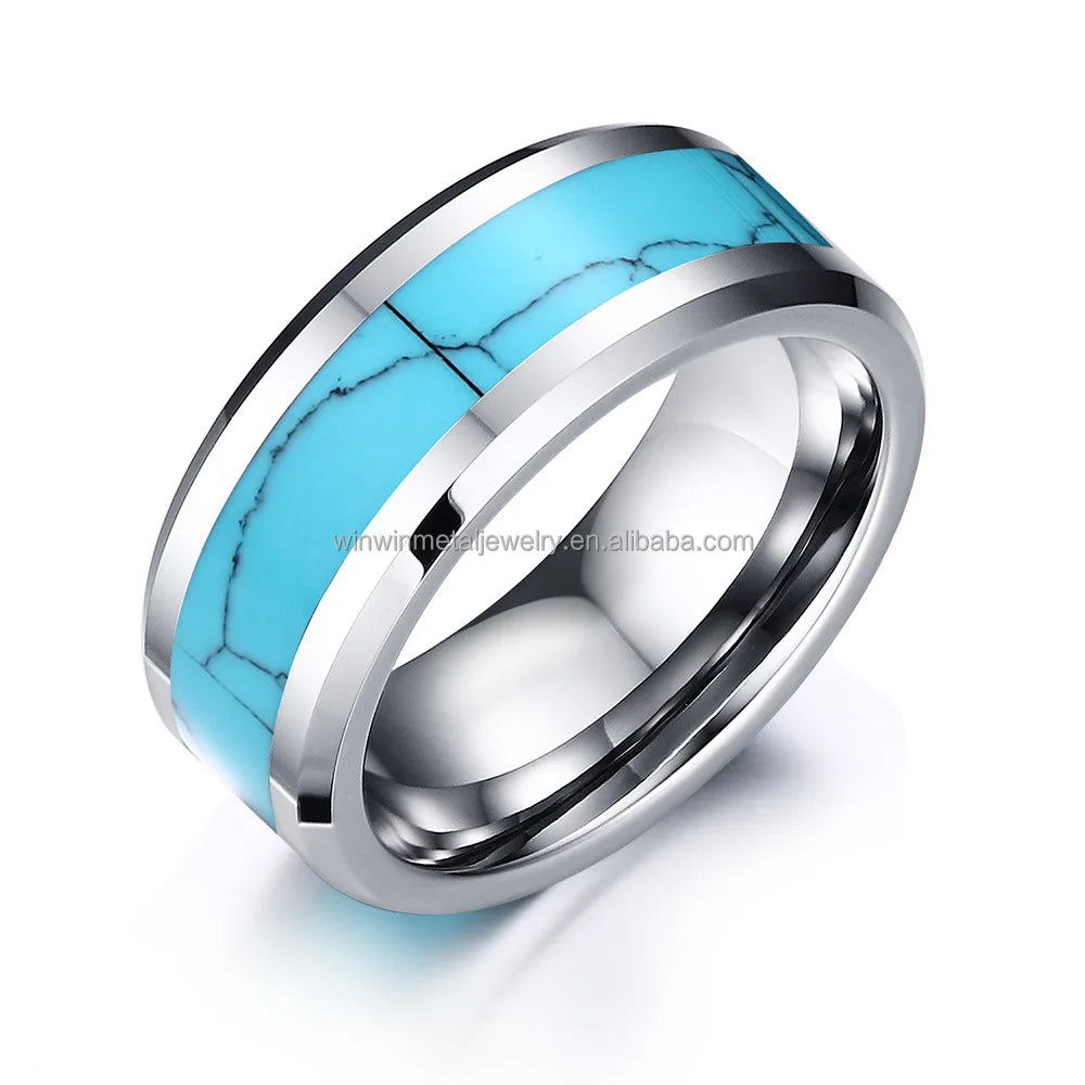 8mm Classic Tungsten Carbide Wedding Band for Men Comfort Fit Beveled Edges Turquoise Ring Trendy Jewelry Style