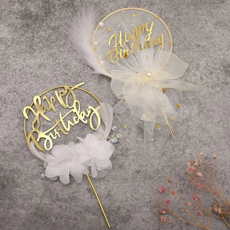 Pure Feather With Pearl Bow Happy Birthday Cake Topper Women Bachelorette Party Decoration Wedding Cake Topper Party Supplies