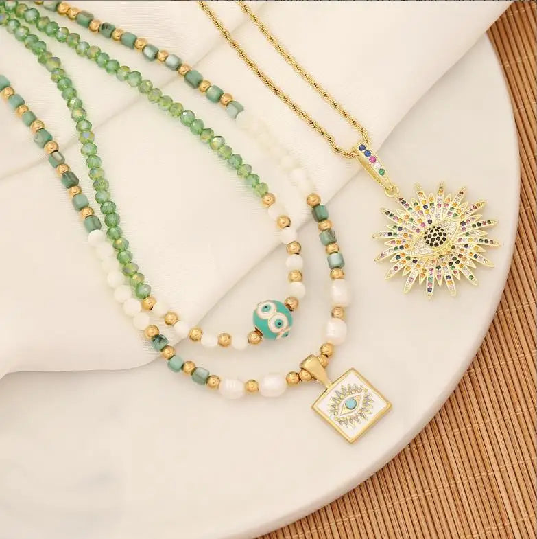Stainless Steel Fashion Natural Stone Crystal Necklace Eye Sunflower Non-fading Choker