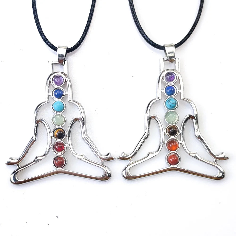 Hot Selling Seven Chakra Yoga Pendant Necklace Energy Healing Alloy Natural Stone Plated Silver Chain Includes Bag Packaging