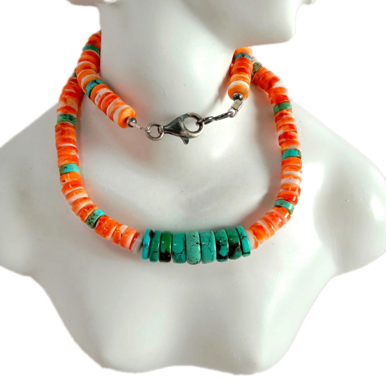 Natural Turquoise and orange spiny yster beads 925 Sterling Silver Gemstone Necklace