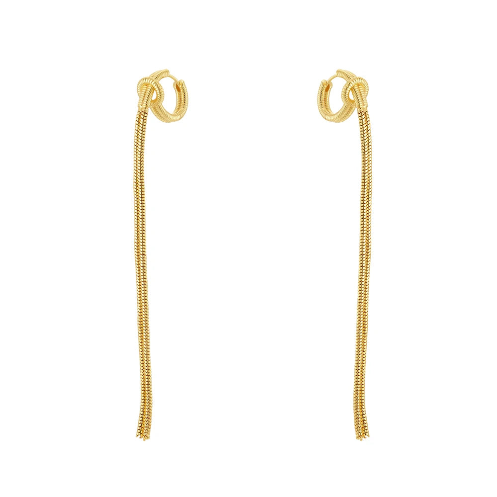 Latest 18K Gold Plated Brass Jewelry Round Knotted Snake Chain Long Tassel Hoop Earrings for Woman Accessories Earrings E241649