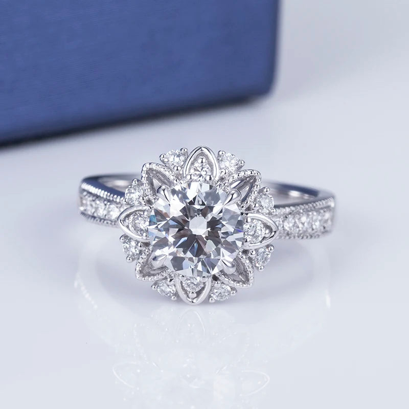 Messi Jewelry 1ct Round Cut 18k Solid Gold  Lab Diamond Women Jewelry Ring Flower Vintage Style