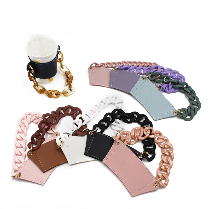 REUSABLE Leather Coffee Cup Sleeve Holder with  Handle Alloy Big Acrylic Chain Strap