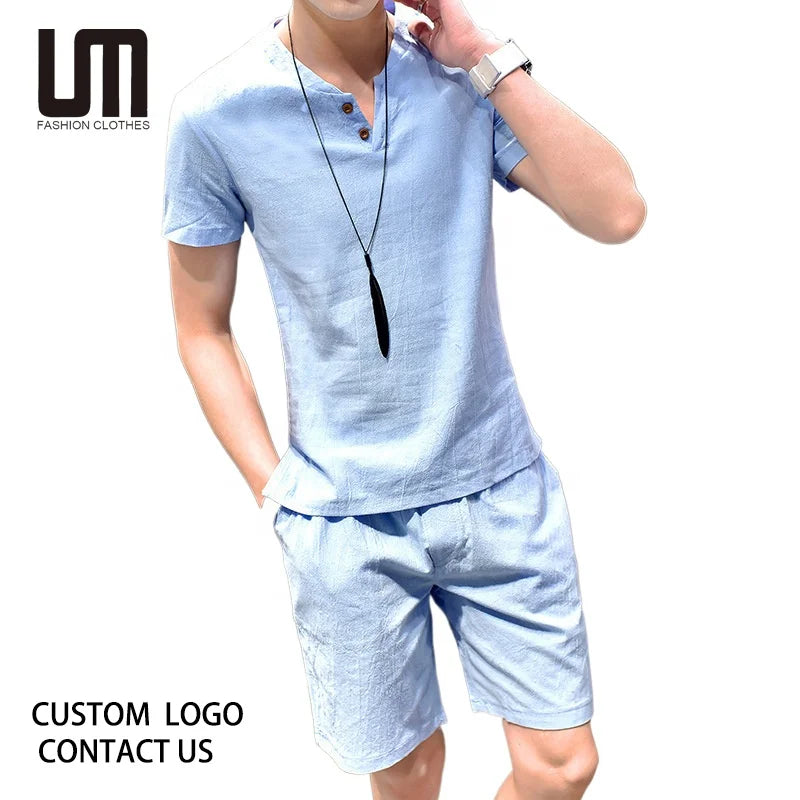 Liu Ming New Korean Fashion Spring Summer Men Casual Solid Color Suit Cotton Linen 2 Piece Short Sleeve T Shirt Shorts Set MegaBDM