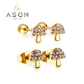 Ason Fashion Jewelry Daily Wear Women Twist Plug Earring Stainless Steel 18K Gold Plating Zircon Tiny Mushroom Stud Earring