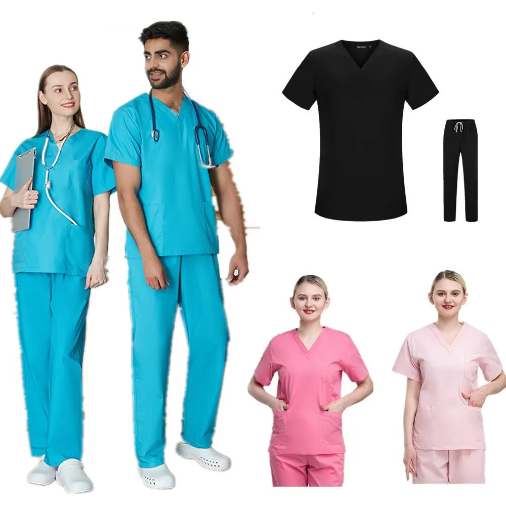 V Neck Cotton and Polyester Elastic Custom logo Hospital Uniforms Scrubs Men Women Unisex Scrubs Uniforms Sets