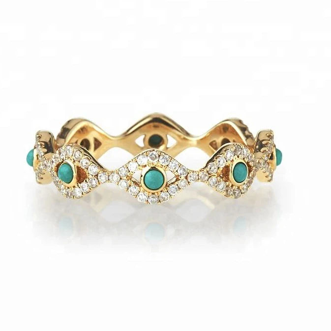 Gemnel Fashion 925 Silver 0.1 Microns Gold Vermeil Diamond Eternity Devil Eye Turquoise Ring