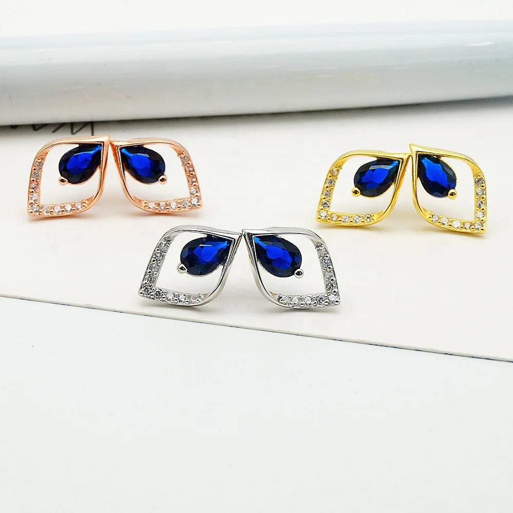 Wholesale Sterling Silver 925 Unique Earring Designs Fancy Blue Zircon Stone Fine Earrings