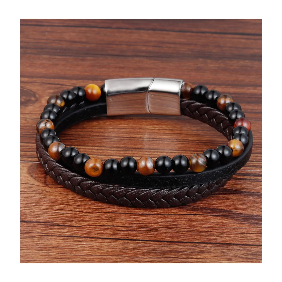 Punk Lava Natural Tiger Eye Stone Beaded Stainless Steel Magnetic Clasp Mulit Layer Brown Genuine Leather Bracelet Men Jewelry