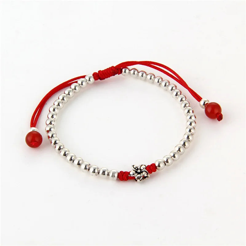Wholesale S925 Sterling Silver Rope Braided Bracelet for Men and Women 4mm Bead Flower Lucky Red Rope Bracelet Gift