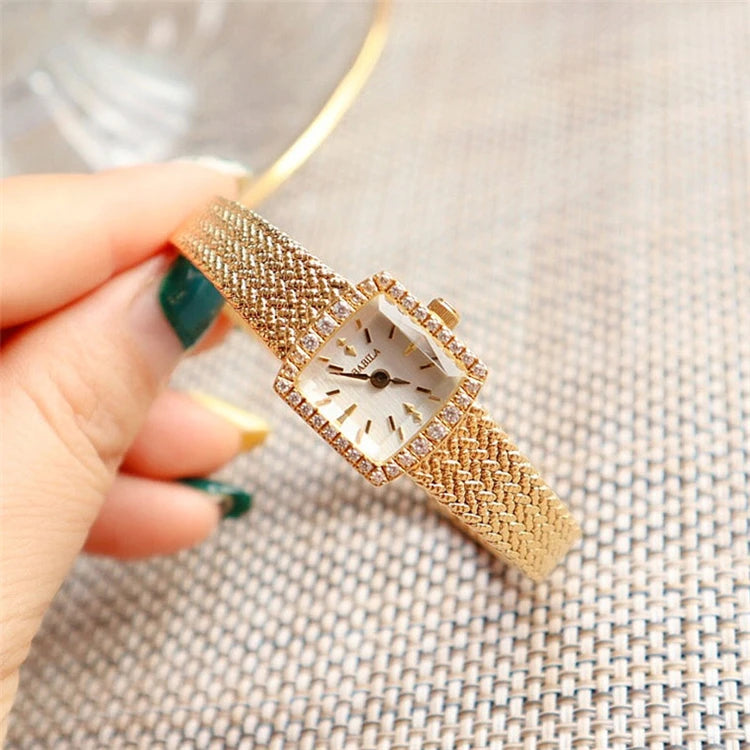 Aimgal New Vintage Quartz Fashion Business Rectangle Luxury Pointer Stainless Steel Watch Diamond-studded Wheat Spike Women's