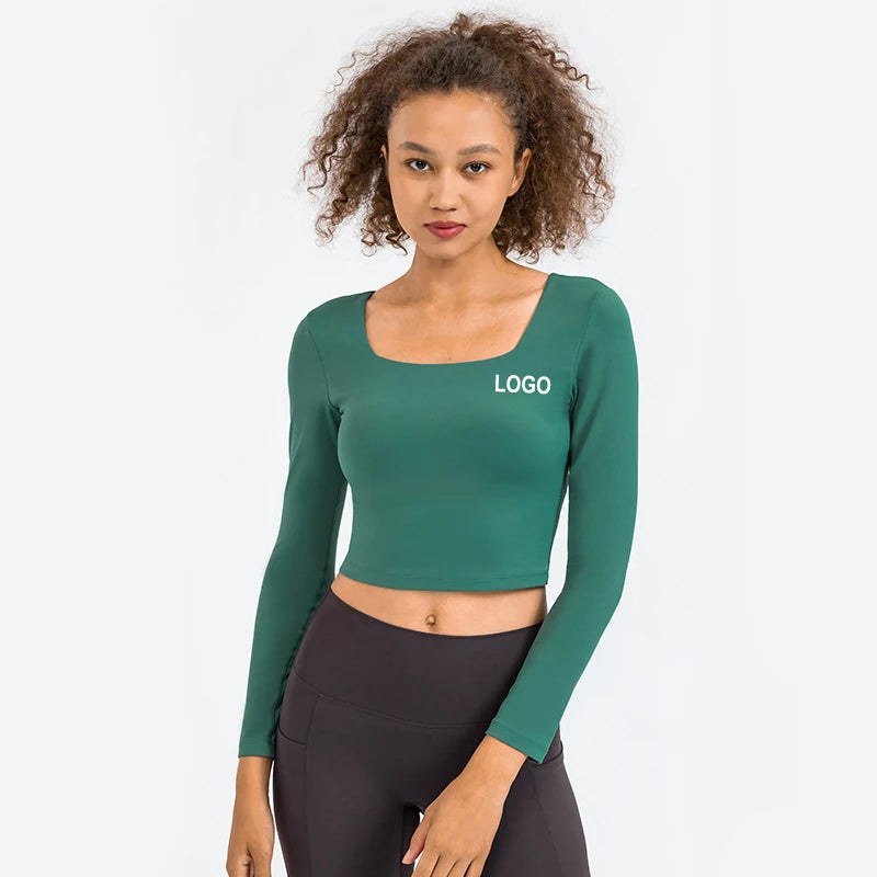 New Arrival Solid Color Long Sleeve Yoga Crop Top Sexy Built in Bra Top Women Fitness Gym Sports Sweatshirt
