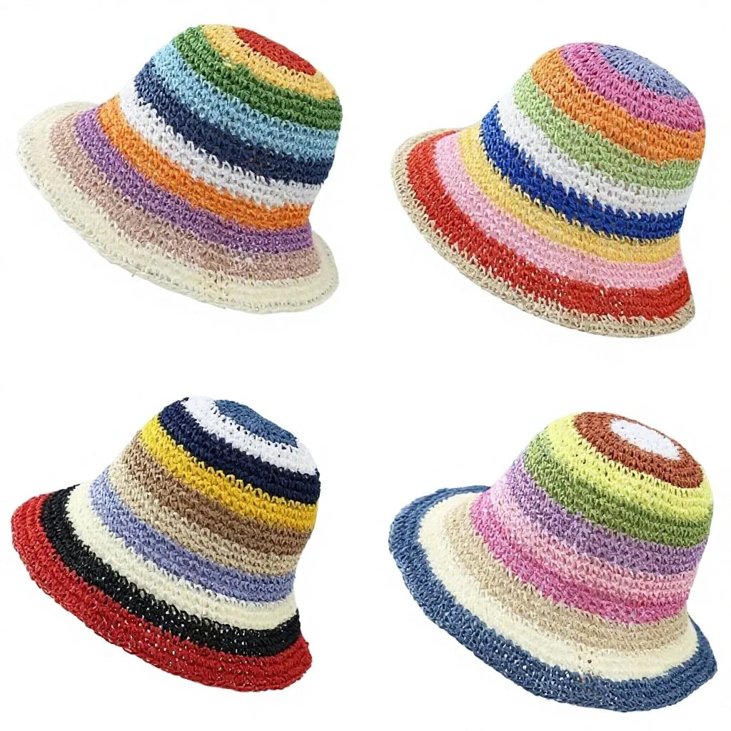 LN01 Summer New Fashion Bohemia Style Roll up Beach Hats Women Luxury Handmade Crochet Straw Bucket Hats Sun Proof Straw Hat