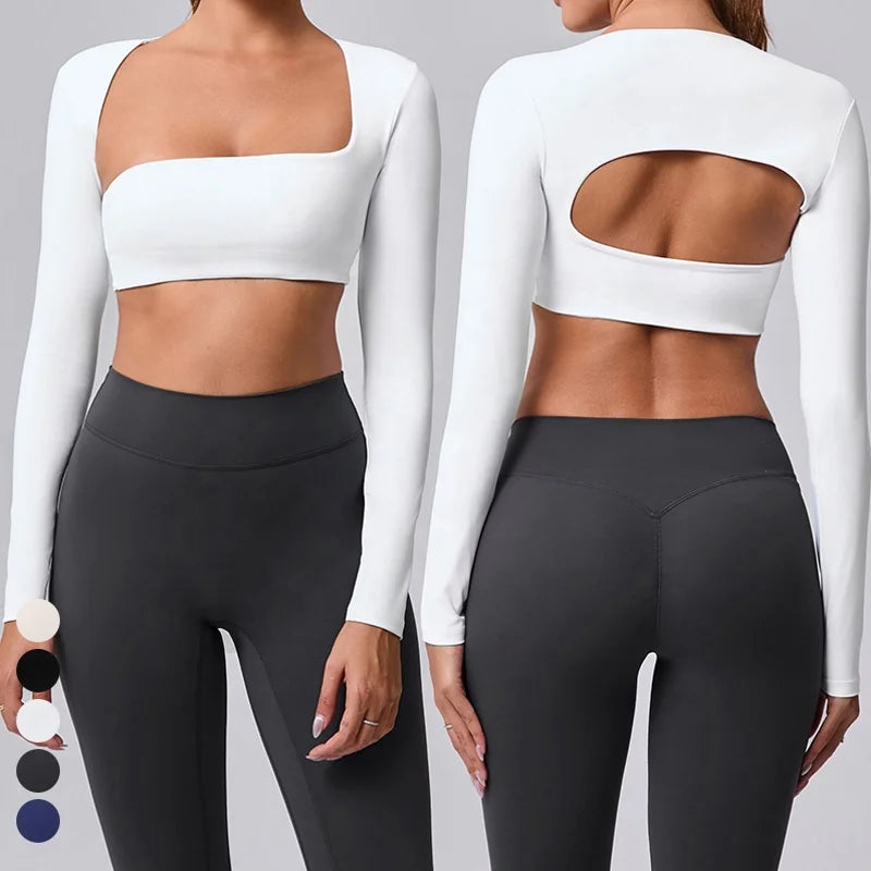 Custom Women's Square Neck Long Sleeve Cropped Workout Shirts Hollow Out Sports Yoga Crop Tops Solid Running Long Sleeve Top