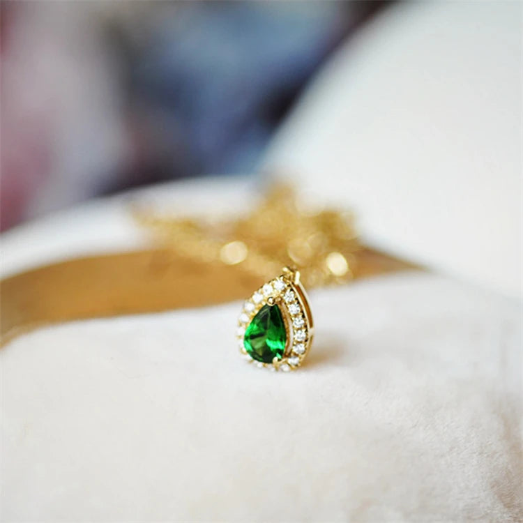 Daily Wearing S925 Gold Plating Green Zircon Emerald Teardrop Pendant Necklace