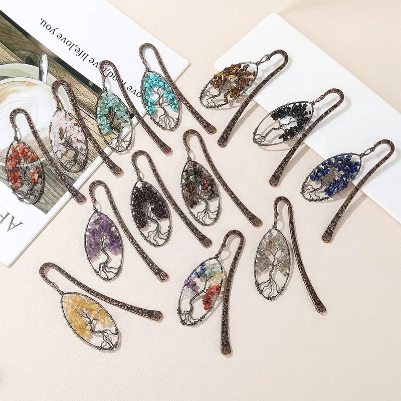 Hot Selling 7 Chakra Crystal Metal Bookmark Retro Design Copper Bronze Tumbled Chips Stone Bookmark