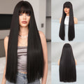 28 Inch Natural Black Wig with Bangs Long Straight Wig for Women Natural Looking Black Brown Synthetic Wigs for Daily Use