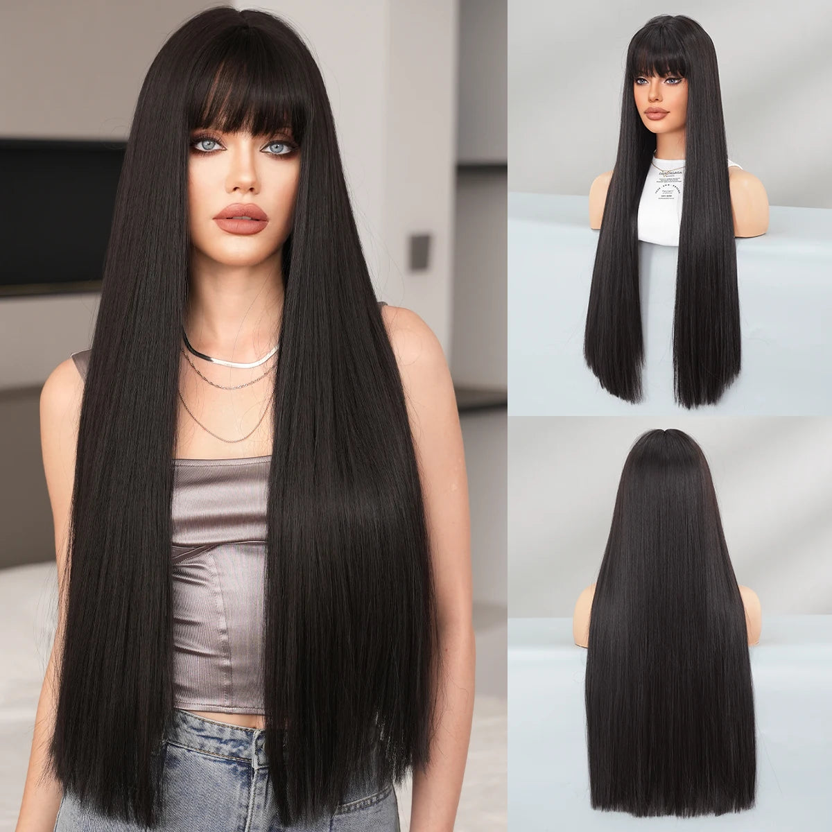28 Inch Natural Black Wig with Bangs Long Straight Wig for Women Natural Looking Black Brown Synthetic Wigs for Daily Use