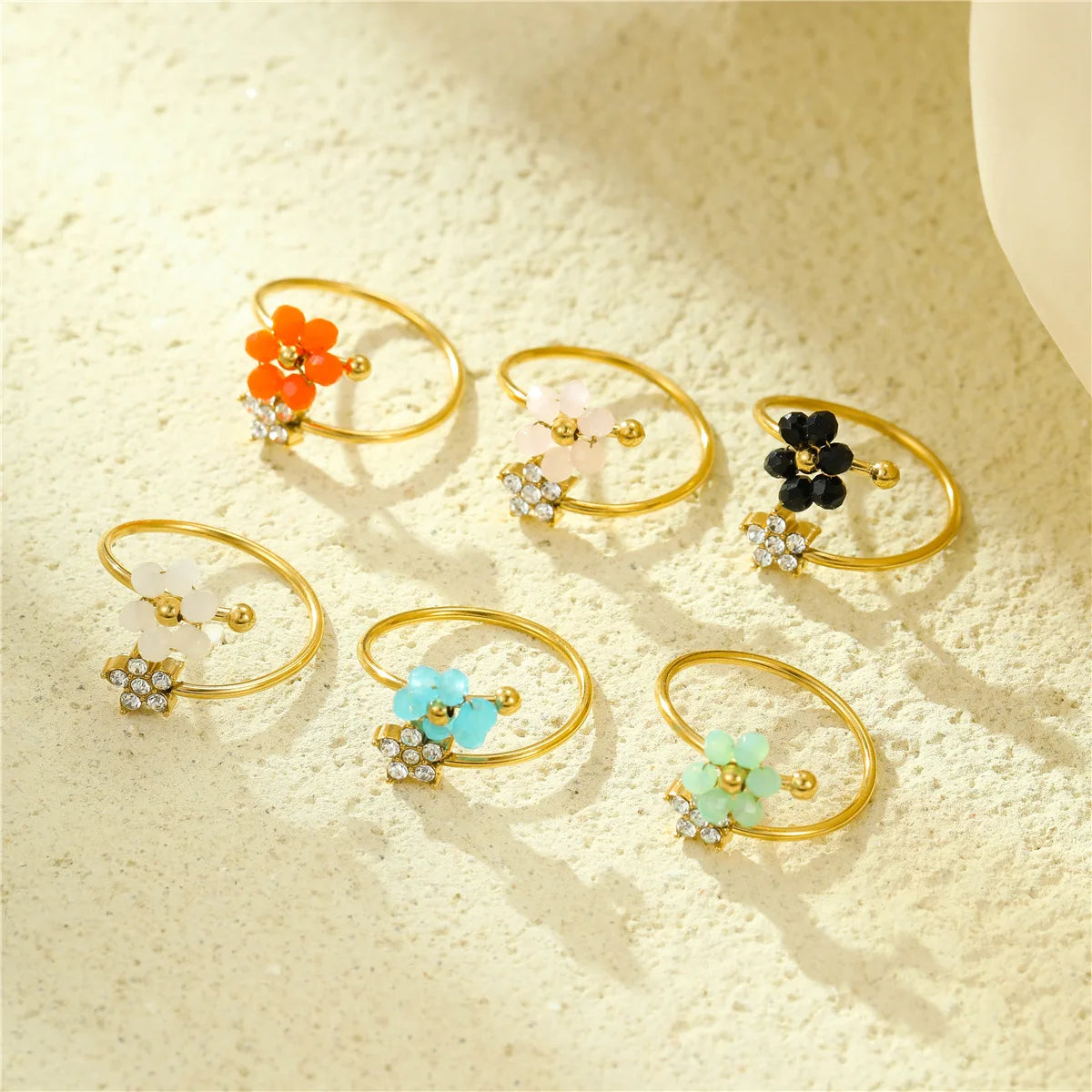 Stainless Steel Adjustable Flower Band Ring Colorful Stone Floral Open Ring Delicate Sweet Casual Fashion Accessories