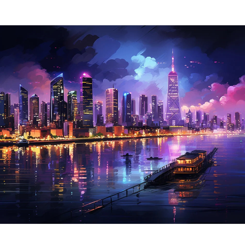 DIY Handpainted Diamond Painting Full Round City Night Landscape Embroidery 30x40cm/12x16inch Cross Stitch Handmade Gift