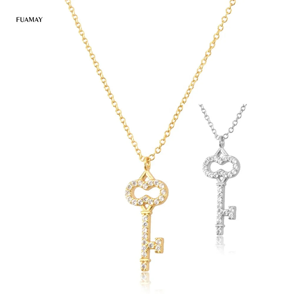 FUAMAY Wholesale Fashion Fancy Chain Sterling Silver Jewelry 18K Gold Plated Key Locket Necklace