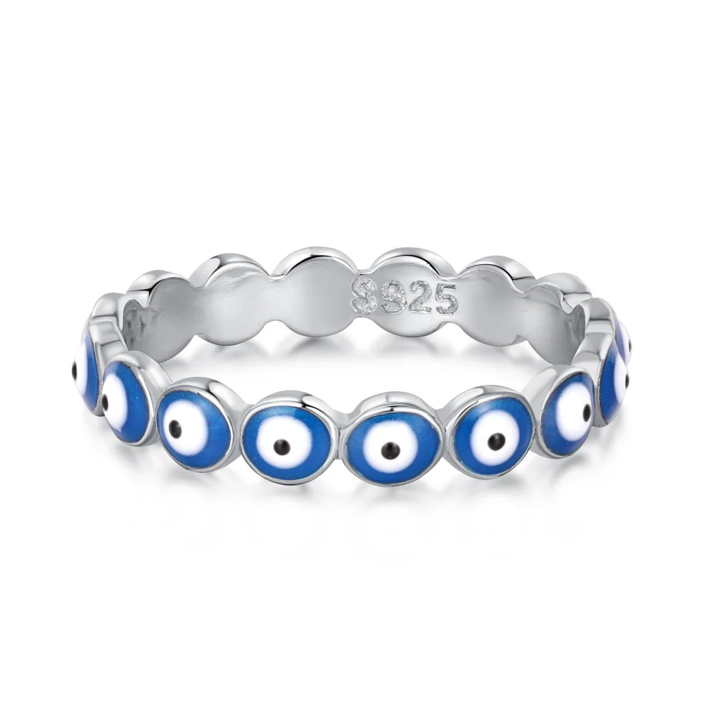 Dylam Fashion Minimalist Design 925 Sterling Silver Rhodium Plated Enamel Blue Eyes Baguette Daily Wear Jewelry Ring