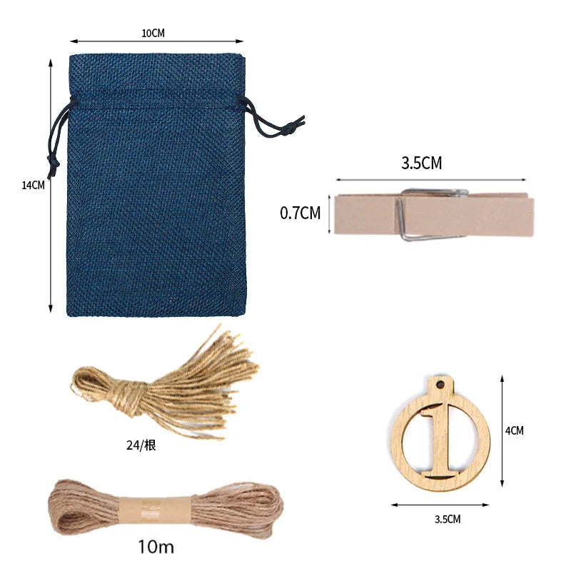 24 Days Countdown Christmas Decoration Cotton Linen Bag Advent Calendar with Wooden Tag 10x14cm