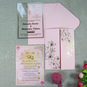 Cameroon Wedding Invitation Tickets pink Wedding Card clear Acrylic Card in French Language with Wedding Programme
