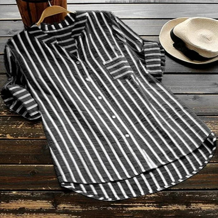 Newest Autumn 5xl Women Cotton Linen Tops Half Sleeve Oversize Lady Office Working Linen Blouse Striped Classic Formal Blouses