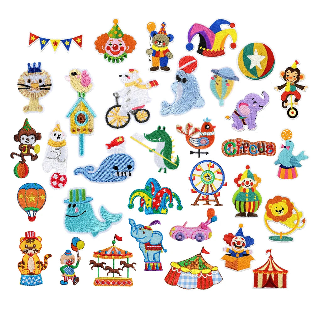 Cute Cartoon Theme Park Circus Animal Performance Show Design Iron on Embroidery Patches for kids clothes