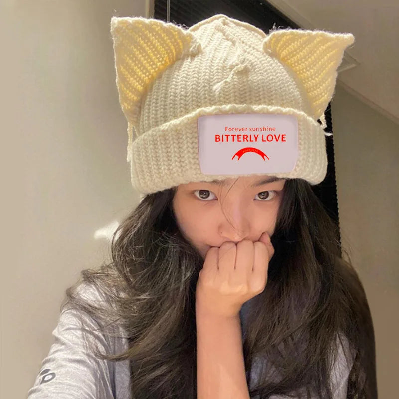 Cute Cat Ear Patch Knitted Hat Piglet Cuffe Hats Girl Streetwear Caps Hip Hop Winter Warm Beanies