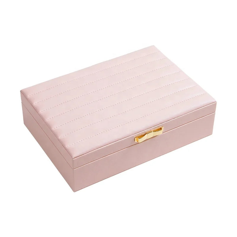 Custom Logo Luxury Elegant Pu Leather Pink Jewelry Box Organizer Metal Decor Necklace Ring Earring Necklace Jewellery Gift Case
