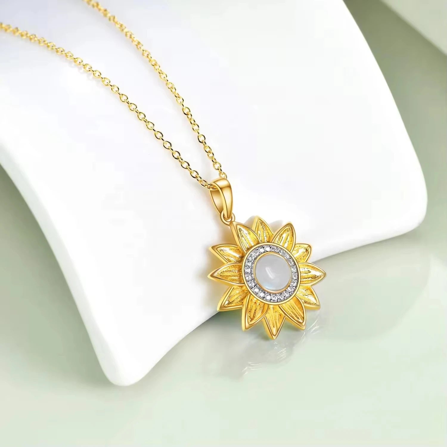 925 Sterling Silver Gold Plated Zircon Moonstone Sunflower Flower Pendant Necklace
