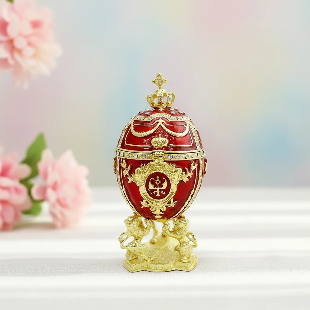 Faberge Egg Multi-color Metal Crown Trinket Jewelry Box Large Metal Royal Red Imperial Home Decor