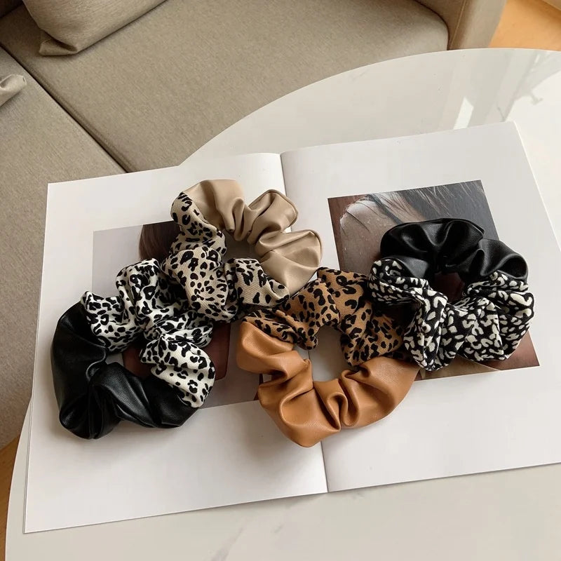 Newest Design Artificial Pu Printed Animal Skin Hair Bands Rope Stylish Stitching Leather Cow Leopard Pattern Hair Scrunchies