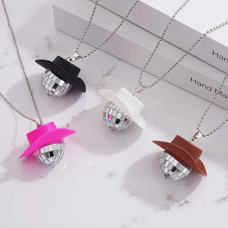 Mirrored Cowboy Hat Glass Ball Ornament Dual Use As Statement Necklace and Wedding Decor for Bride Bachelorette Party Supplies