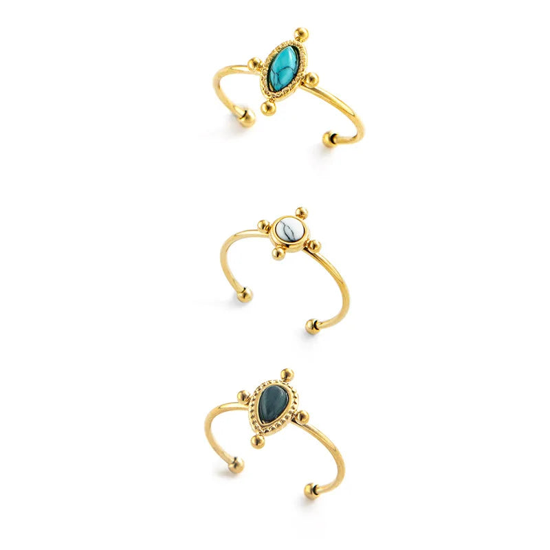 Waterproof Chic Gold Open Cuff Adjustable Stone Turquoise Howlite Charm Thin Band Finger Ring for Women Rings