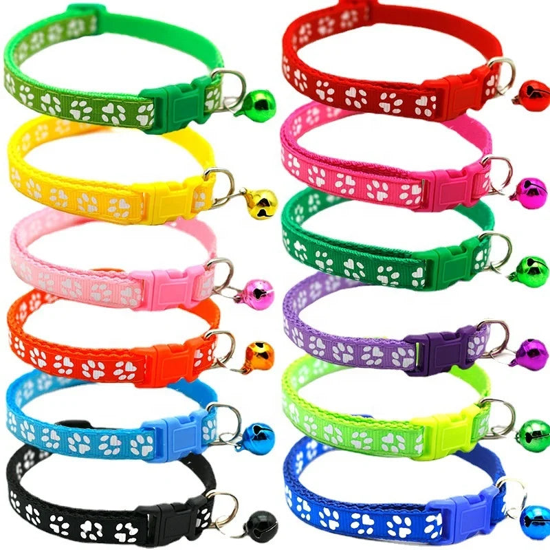 Wholesale Lelote Eco-Friendly Durable Fashionable Multi Colors Adjustable Puppy Pet Paw Print Cat Bell Nylon Collar with Bells
