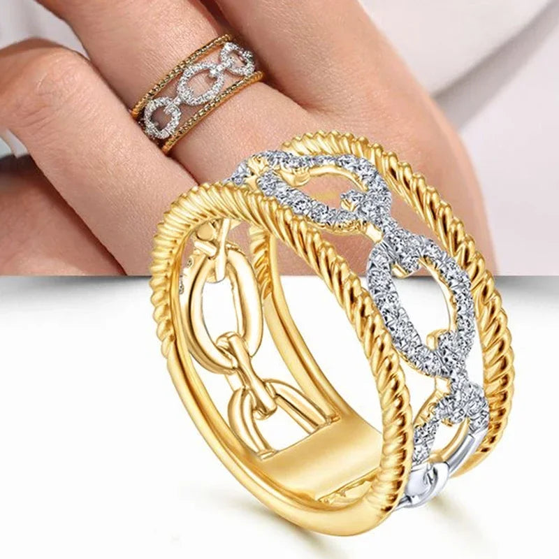 CAOSHI Trendy Two Tone Plated Hollow Band Rings for Unique Chain Design Cubic Zirconai Engagement Fashion Jewelry CZ Rings Women
