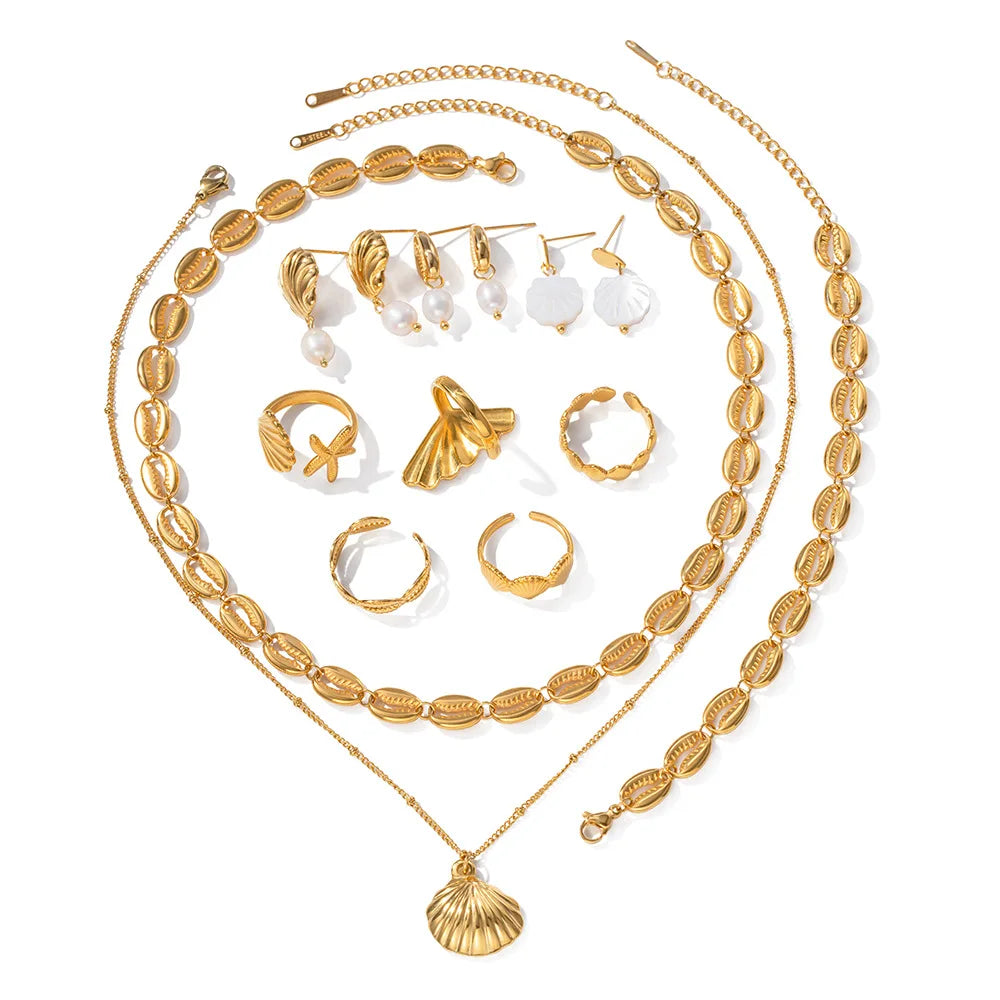 High End New Product-Versatile Gold Plated Shell Ocean Element Jewelry Set Non-Fading Summer Beach Vacation Gift Wholesale