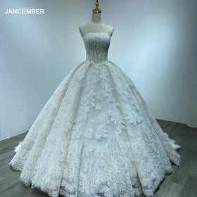 Handmade Strapless Princess Lace Ball Gown Cathedral Train Wedding Dress Wm29