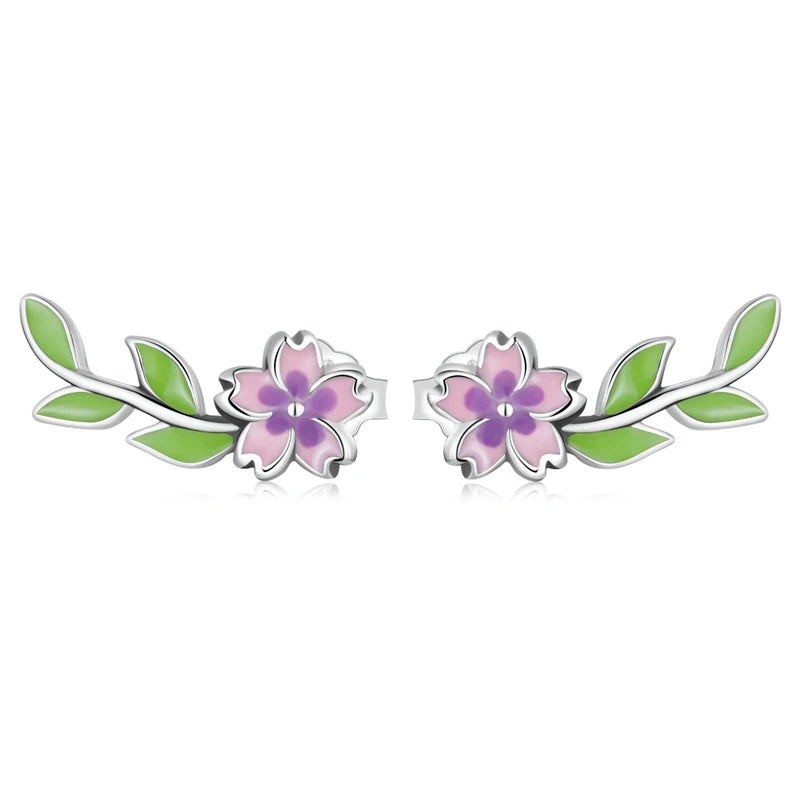 Factory Wholesale 925 Sterling Silver Plants Purple Pink Flower Green Leaf Stud Earrings for Women Fashion Jewelry Gift SCE1391