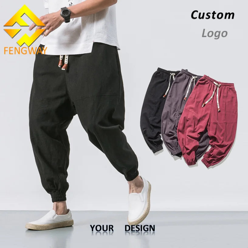 Fengway Custom Cotton and Flax Casual Trousers Plus Size Mens Pants Trendy Vintage Drawstring Loose Pants for Men