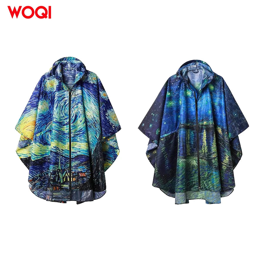 WOQI New Printed Design Adult Hooded Pocket Raincoat Waterproof and Lightweight for Outdoor Camping and Hiking Long Clothing