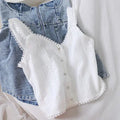 Available!! Ship in 24 Hours 2024 Summer New Lace Women Camisoles V-neck Hollow Out Short Solid White Female Tops Tees