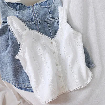 Available!! Ship in 24 Hours 2024 Summer New Lace Women Camisoles V-neck Hollow Out Short Solid White Female Tops Tees