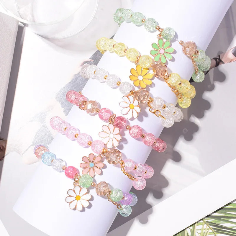 Metallic Tassel Stretch Wrap Resin Bead Bracelet Colorful Crystal Beaded Daisy Bracelets for Girls