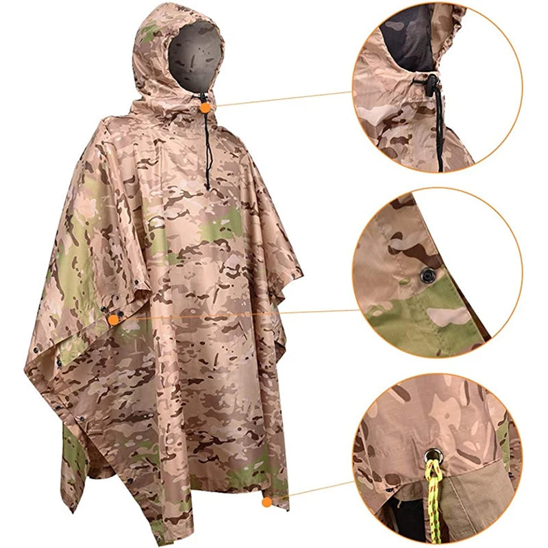 ROEWE Camouflage Tactical Emergency Other PU Coated Outdoor Raincoat for Adult Men & Women Hooded Poncho Fujian