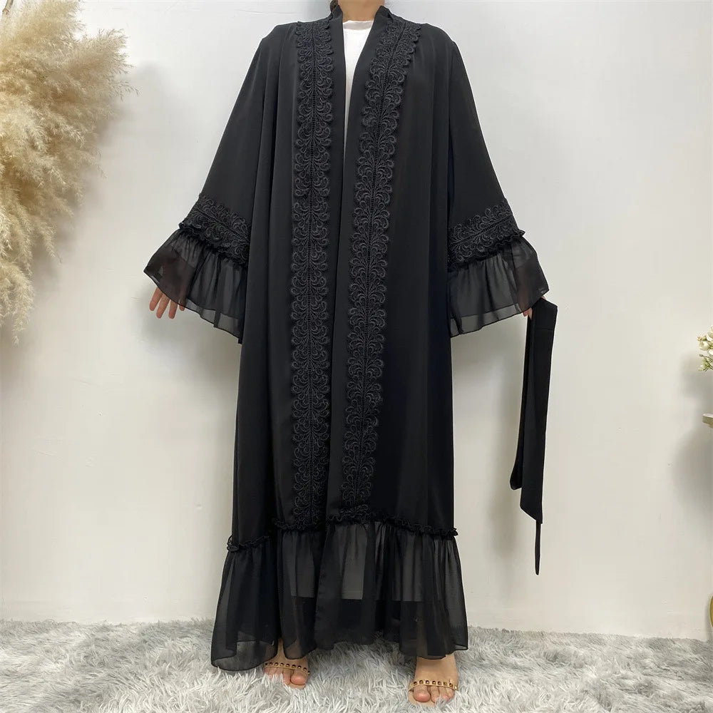 Women Dubai Muslim Dress New Turkey Dresses 2023 Summer Black Floral Embroidered Open Modest Abaya Islamic Clothing Women